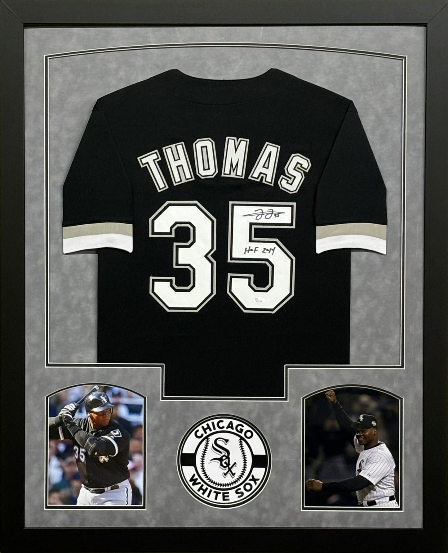 Chicago White Sox Frank Thomas Hand Signed Autographed Custom Black Jersey with HOF 2014 Inscription Framed & Double Suede Matted with JSA COA