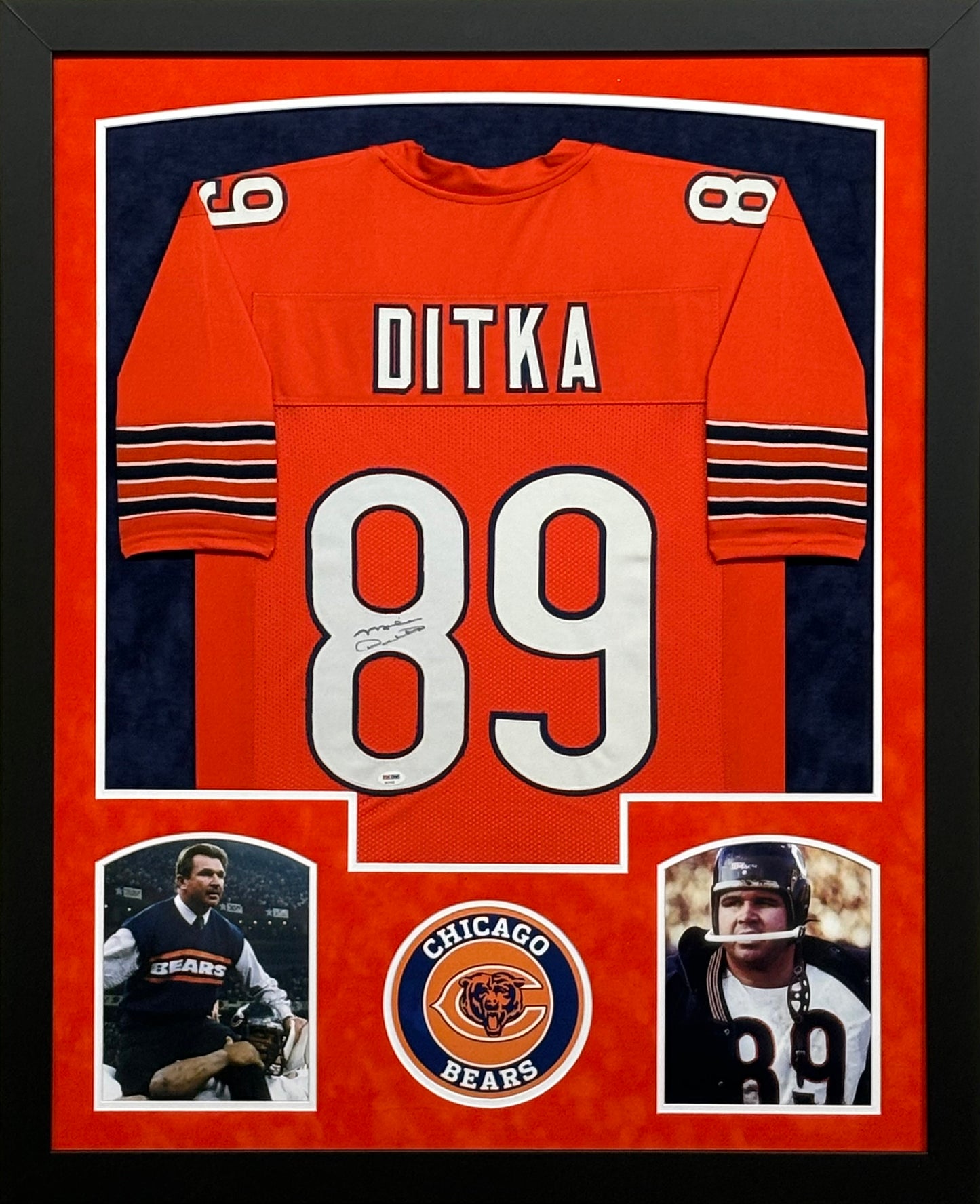 Chicago Bears Mike Ditka Hand Signed Autographed Custom Orange Jersey Framed & Suede Matted with PSA COA