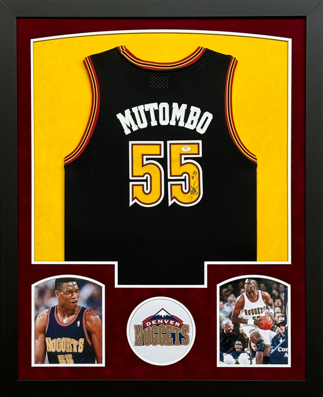 Denver Nuggets Dikembe Mutombo Signed Black Jersey Framed & Suede Matted with PSA COA