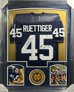 University of Notre Dame Fighting Irish Rudy Ruettiger Signed Blue Jersey with Game Play Inscription Framed & Suede Matted with JSA COA