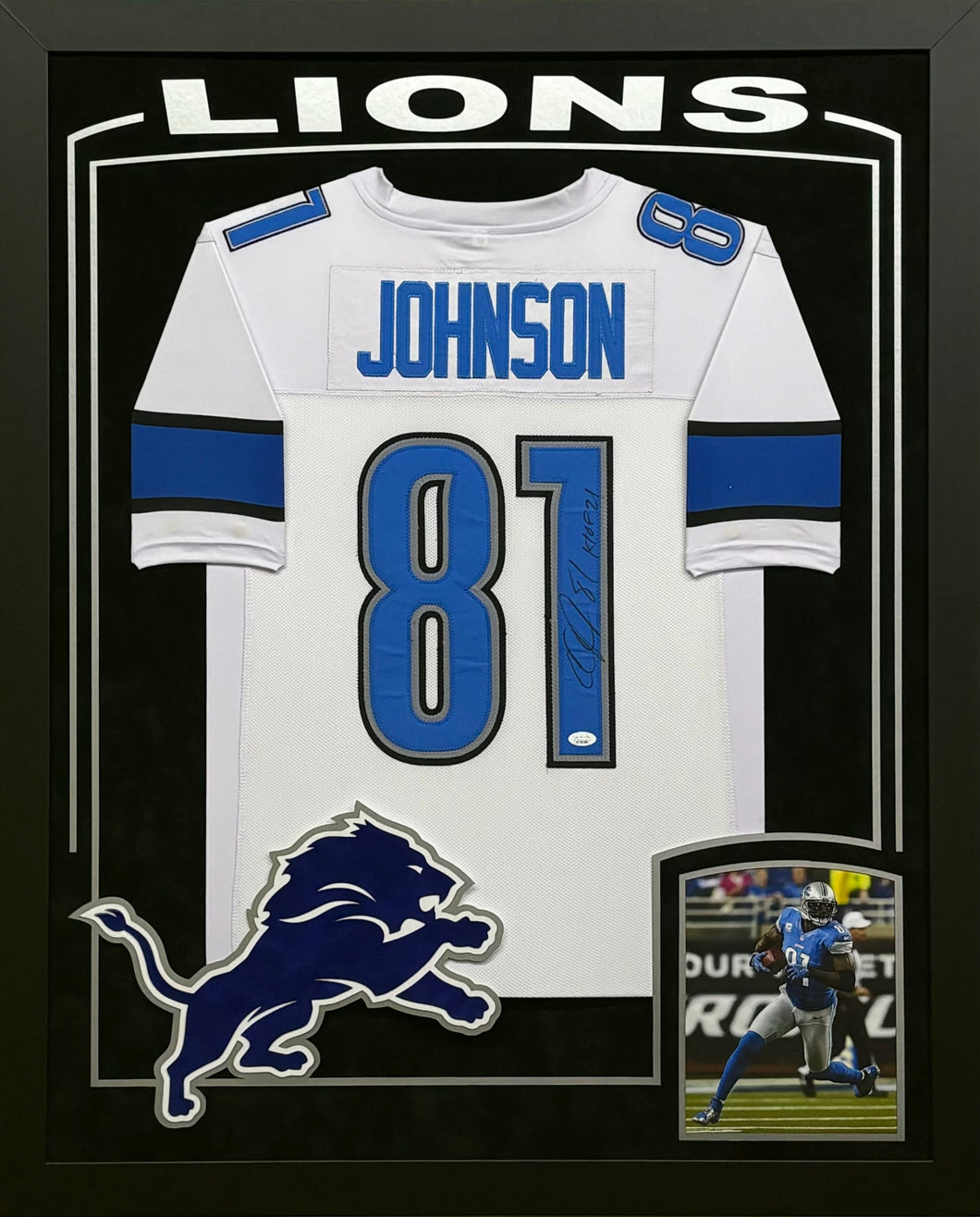 Detroit Lions Calvin Johnson Signed White Jersey with HOF 21 Inscription Framed & Suede Matted with XL 3D Logo & Team Name Cutout JSA COA