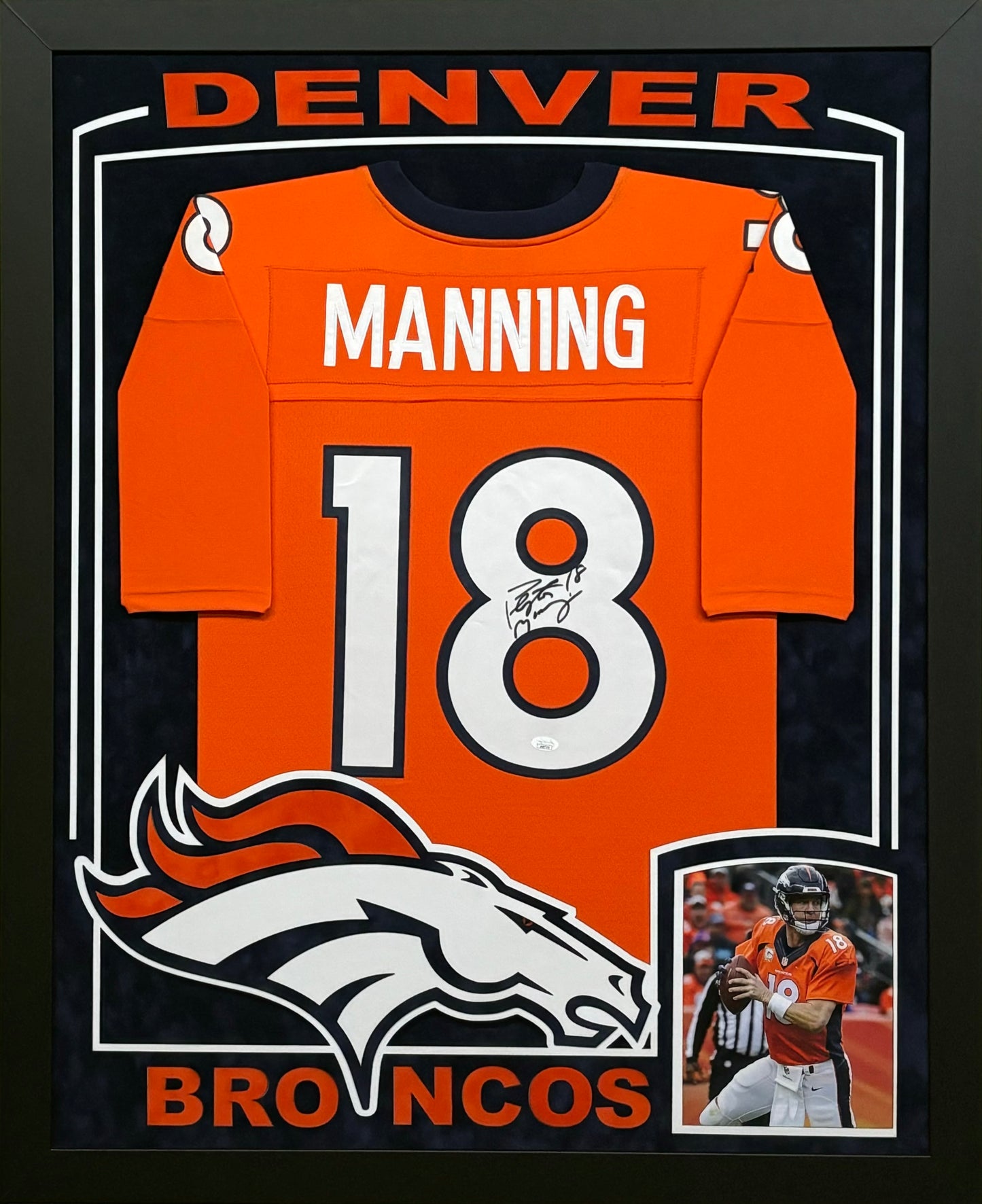 Denver Broncos Peyton Manning Hand Signed Autographed Orange Jersey Framed & Suede Matted with XL 3D Logo & Team Name Cutout JSA COA