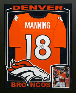 Denver Broncos Peyton Manning Signed Orange Jersey Framed & Suede Matted with XL 3D Logo & Team Name Cutout JSA COA