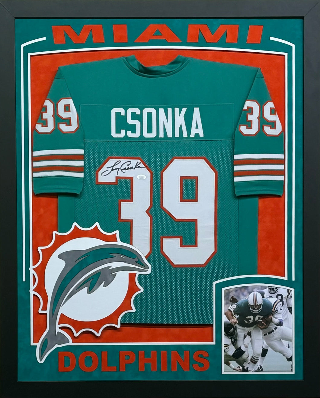 Miami Dolphins Larry Csonka Signed Teal Jersey Framed & Suede Matted with XL 3D Logo & Team Name Cutout JSA COA