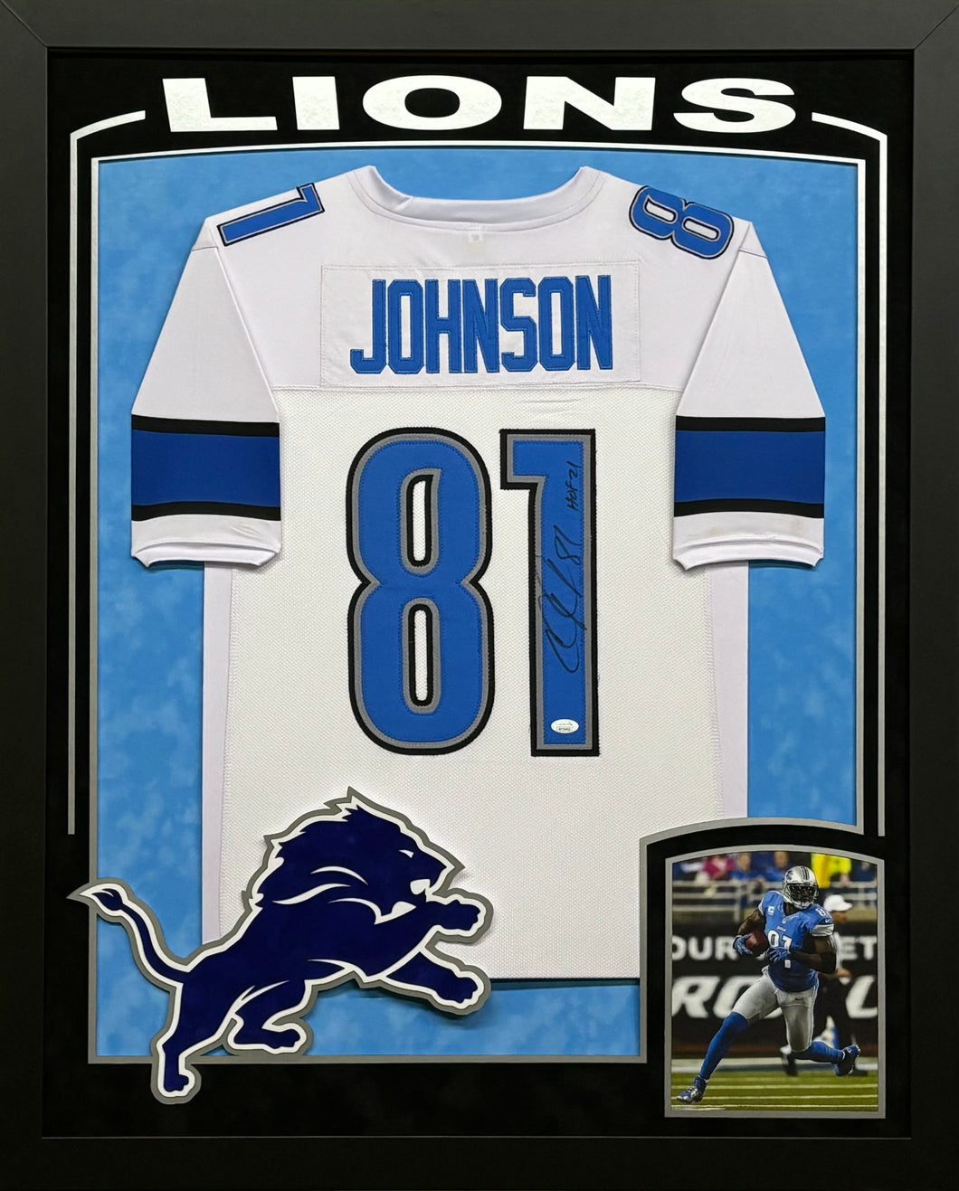 Detroit Lions Calvin Johnson Signed White Jersey with HOF 21 Inscription Framed & Suede Matted with XL 3D Logo & Team Name Cutout JSA COA
