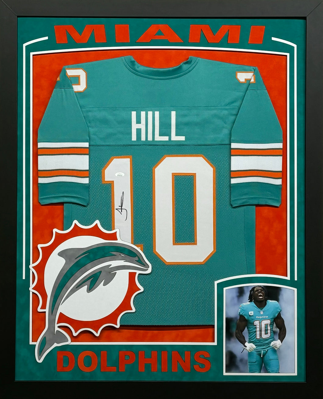 Miami Dolphins Tyreek Hill Signed Teal Jersey Framed & Suede Matted with XL 3D Logo & Team Name Cutout JSA COA