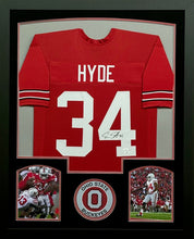 Load image into Gallery viewer, The Ohio State University Buckeyes Carlos Hyde Signed Red Jersey Framed &amp; Suede Matted with JSA COA