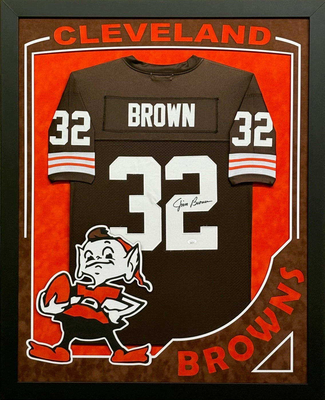 Cleveland Browns Jim Brown Hand Signed Autographed Custom Brown Jersey Framed & Suede Matted with XL 3D Logo & Team Name Cutout with JSA COA