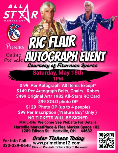 Ric Flair Pre-Sale ticket for autograph signing on your Replica Belt, Authentic Belt, Robe, or Chair