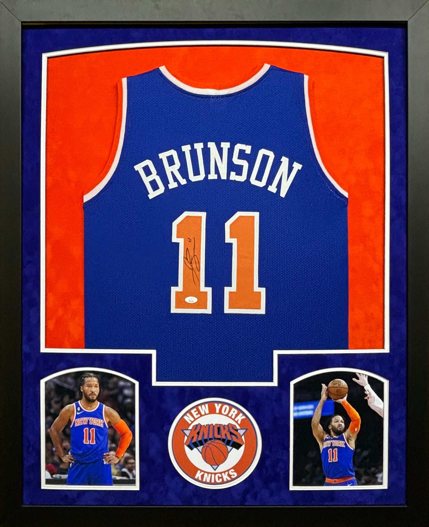New York Knicks Jalen Brunson Hand Signed Autographed Custom Blue Jersey Framed & Double Suede Matted JSA COA
