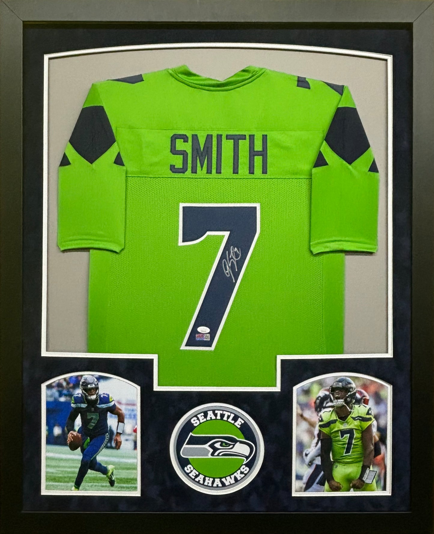 Seattle Seahawks Geno Smith Hand Signed Autographed Custom Green Jersey Framed & Suede Matted JSA COA