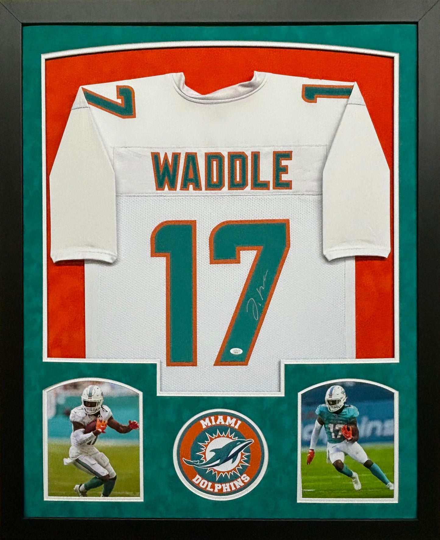 Miami Dolphins Jaylen Waddle Hand Signed Autographed Custom White Jersey Framed & Double Suede Matted with JSA COA