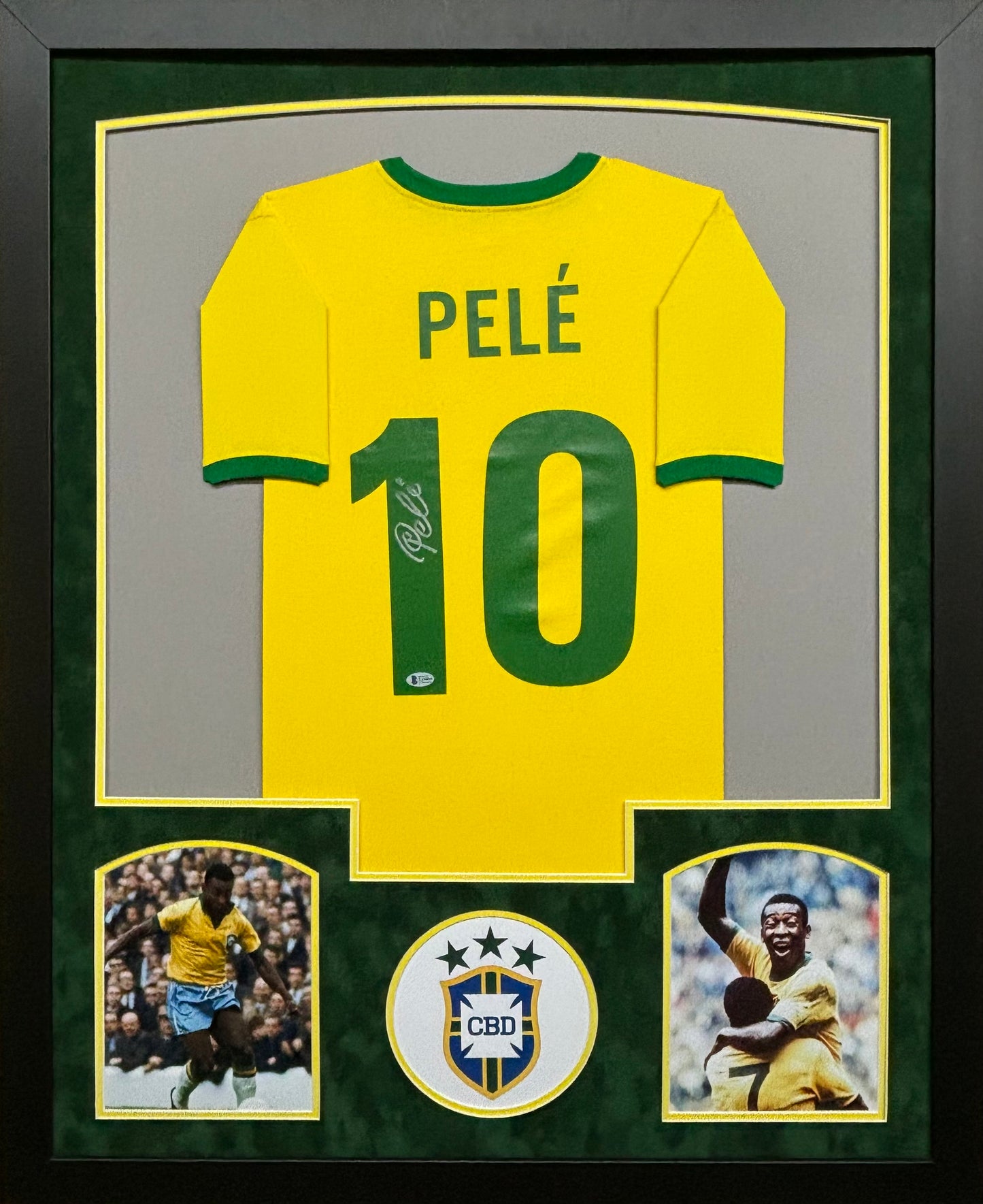CBD Brazil National Team Pele Hand Signed Autographed Yellow Jersey Framed & Suede Matted with JSA COA