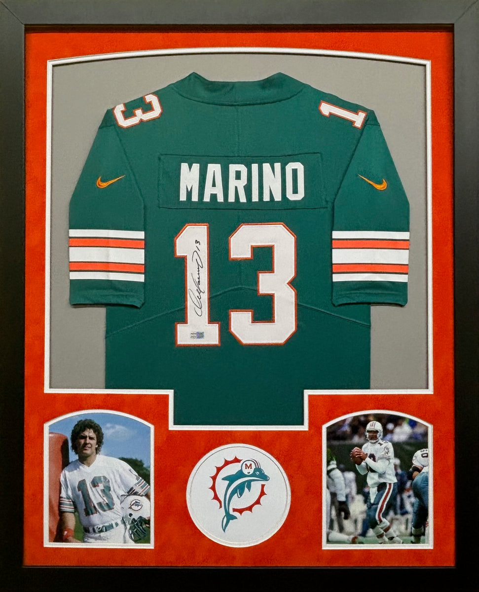 Miami Dolphins Dan Marino Signed Teal Jersey Framed & Suede Matted wit