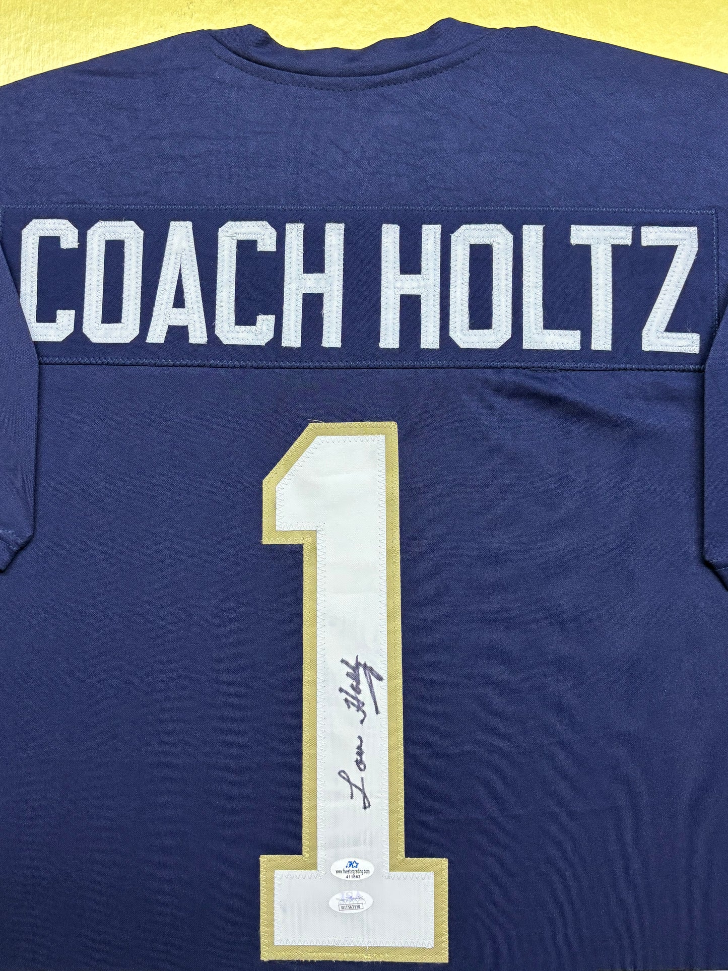 University of Notre Dame Fighting Irish Coach Lou Holtz Hand Signed Autographed Custom Blue Jersey Framed & Matted with JSA COA