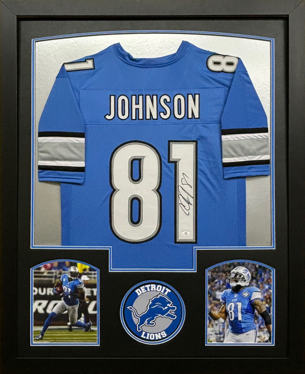 Detroit Lions Calvin Johnson Hand Signed Autographed Custom Blue Jerse Prime Time Sports Framing