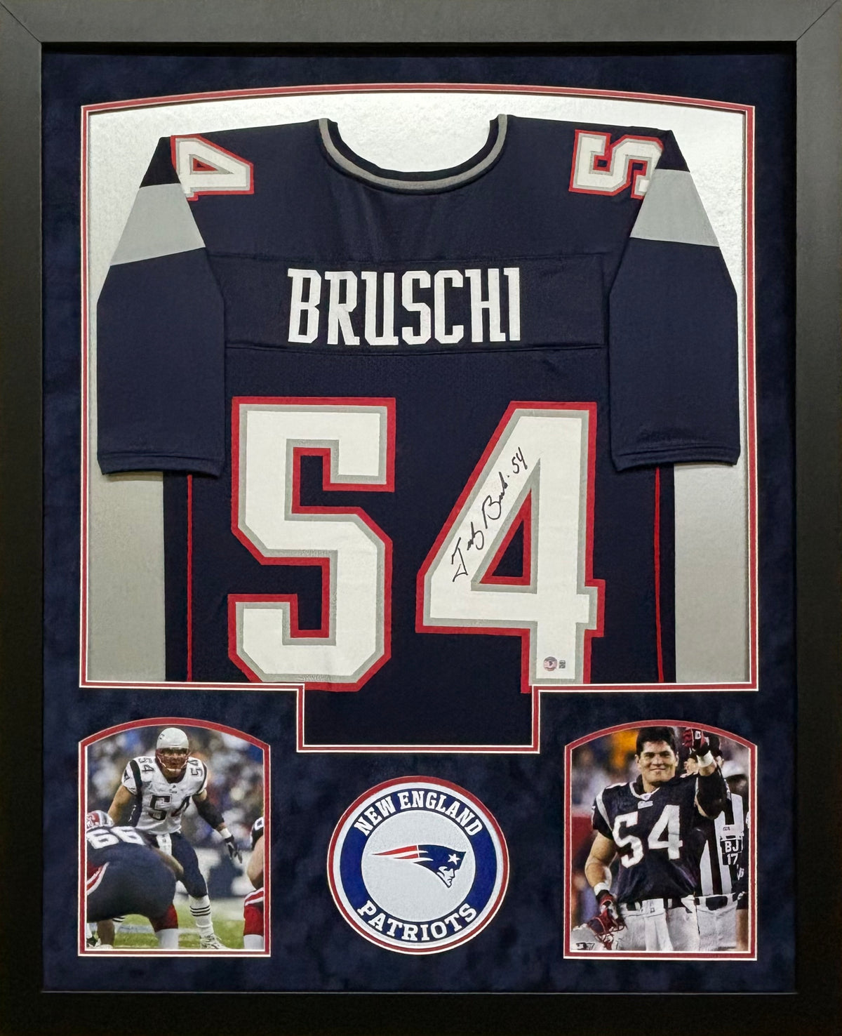 New England Patriots Tedy Bruschi Hand Signed Autographed Navy Jersey Framed & Suede Matted BECKETT COA