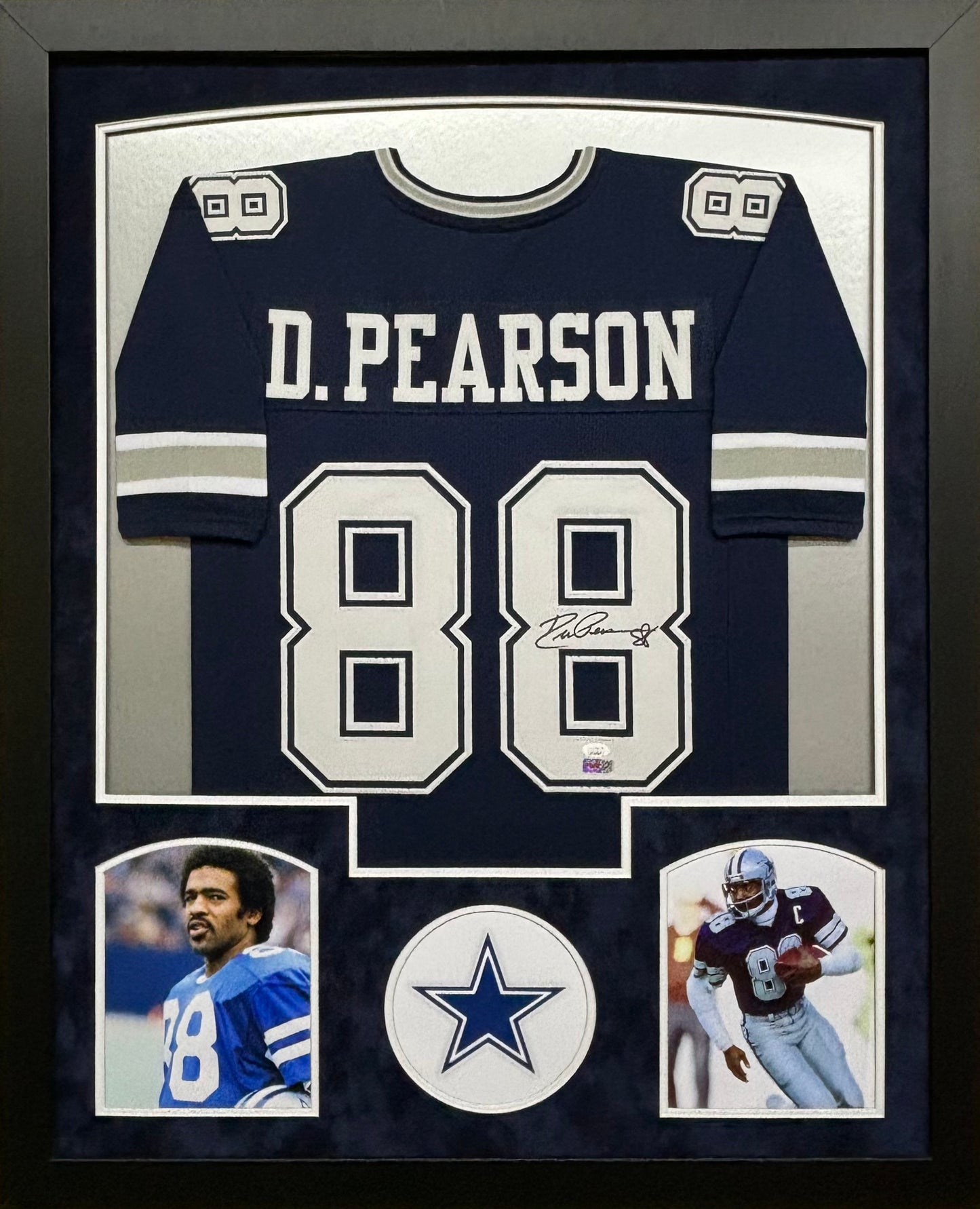 Dallas Cowboys Drew Pearson Hand Signed Autographed Custom Navy Jersey Framed & Suede Matted JSA COA
