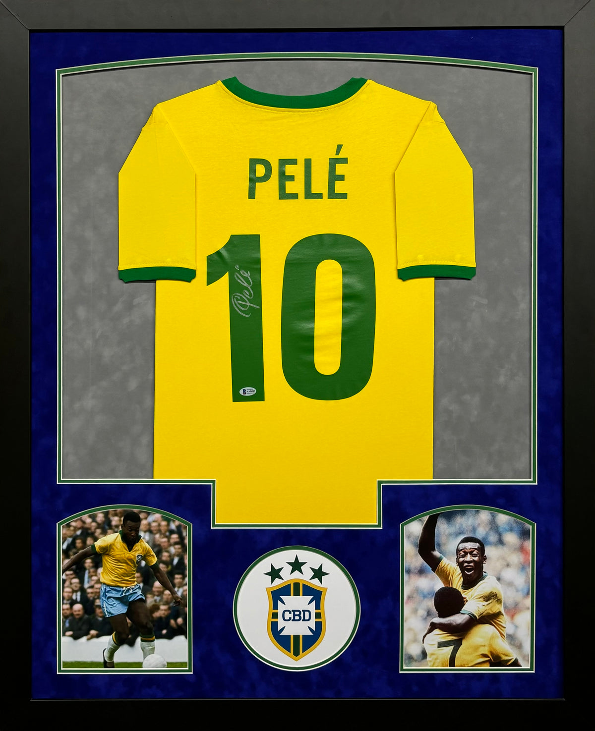 Brazil CBD Soccer Club Pele Hand Signed Autographed Custom Yellow Jersey Framed & Double Suede Matted with Beckett COA