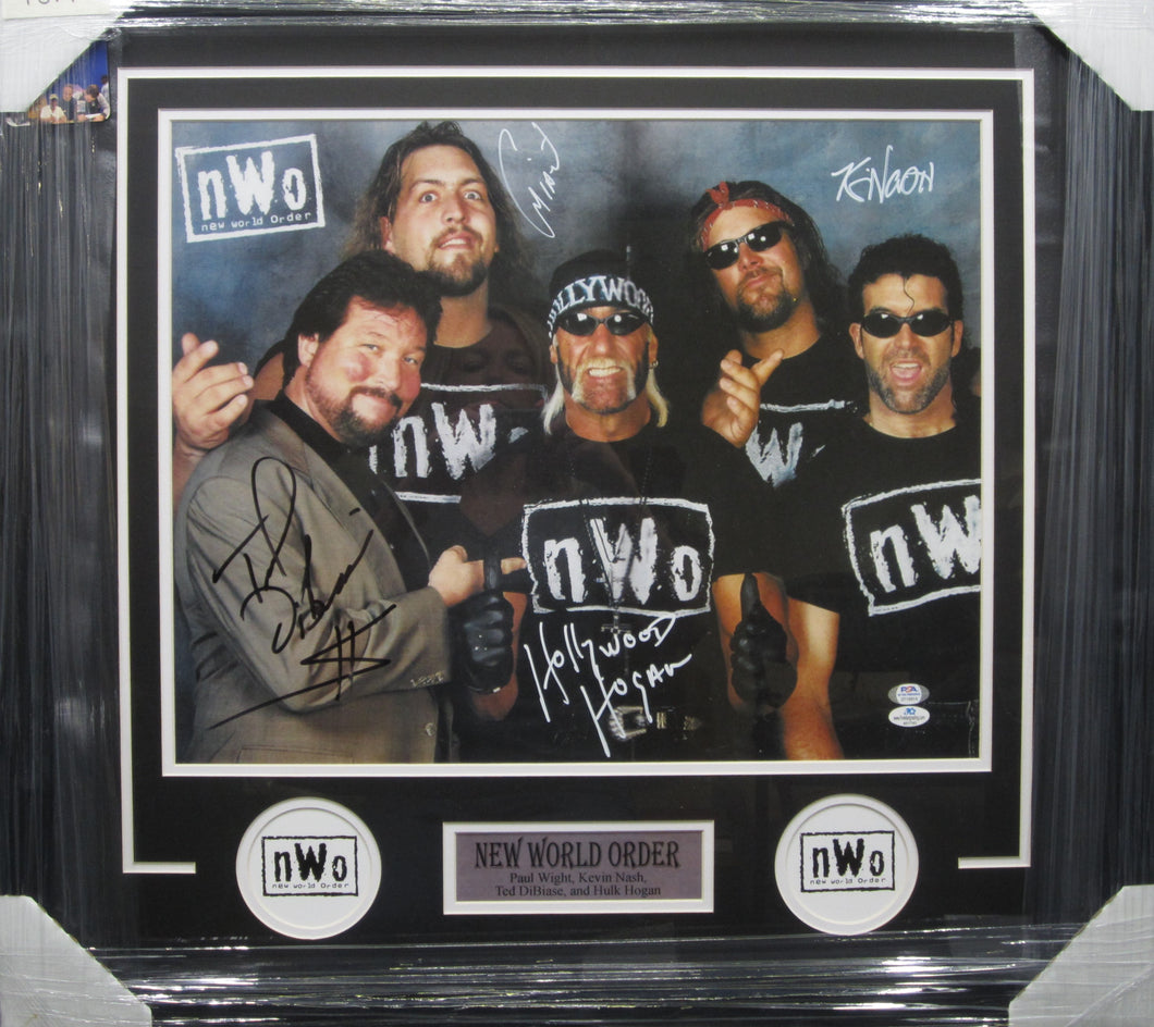 New World Order Paul Wight, Kevin Nash, Ted DiBiase, & Hulk Hogan Quad Signed 16x20 Photo Framed & Matted with PSA COA