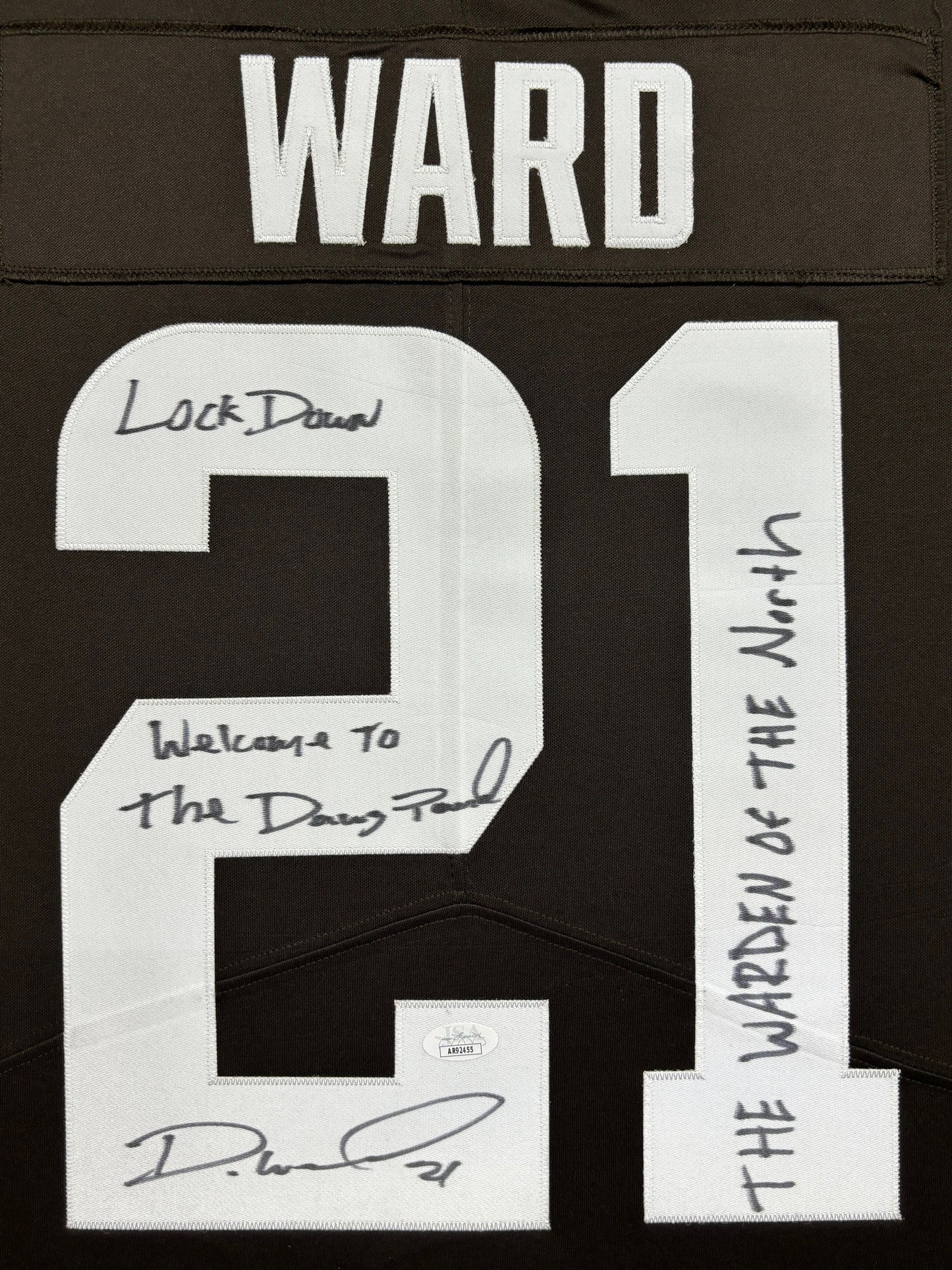 Cleveland Browns Denzel Ward Hand Signed Autographed Custom Brown Jersey with Lock Down, Welcome To The Dawg Pound & THE WARDEN OF THE NORTH Inscriptions Framed & Matted with XL 3D Logo & Team Name Cutout JSA COA