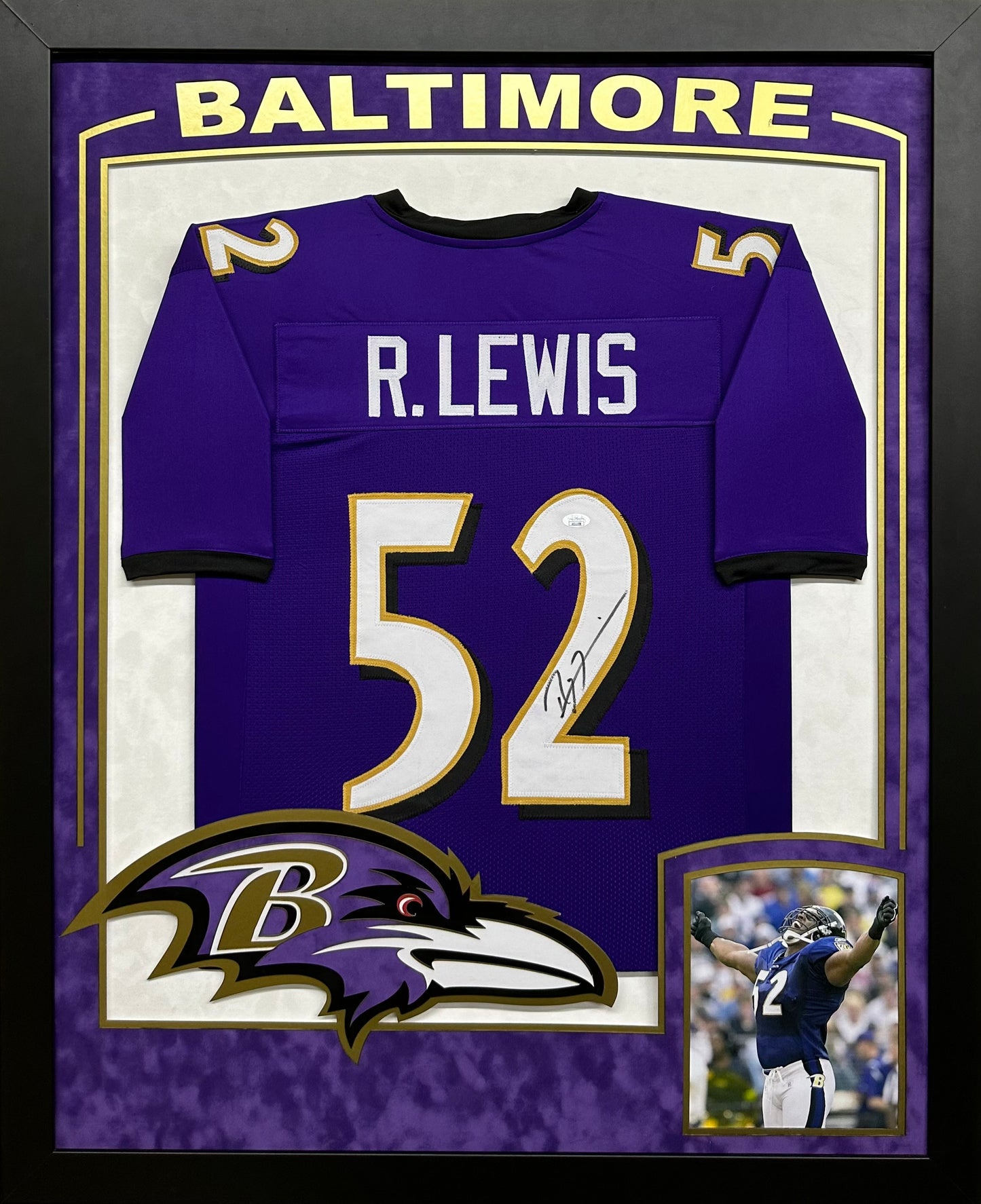Baltimore Ravens Ray Lewis Hand Signed Autographed Custom Purple Jersey Framed with Suede Matting, XL 3D Logo, & Cutout Lettering Includes JSA COA
