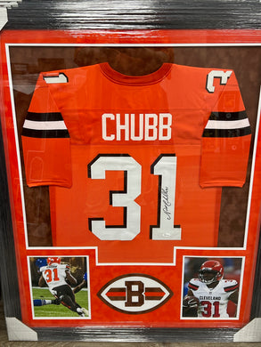 Cleveland Browns Nick Chubb Signed Orange Jersey Framed & Suede Matted with 3D Logo JSA COA