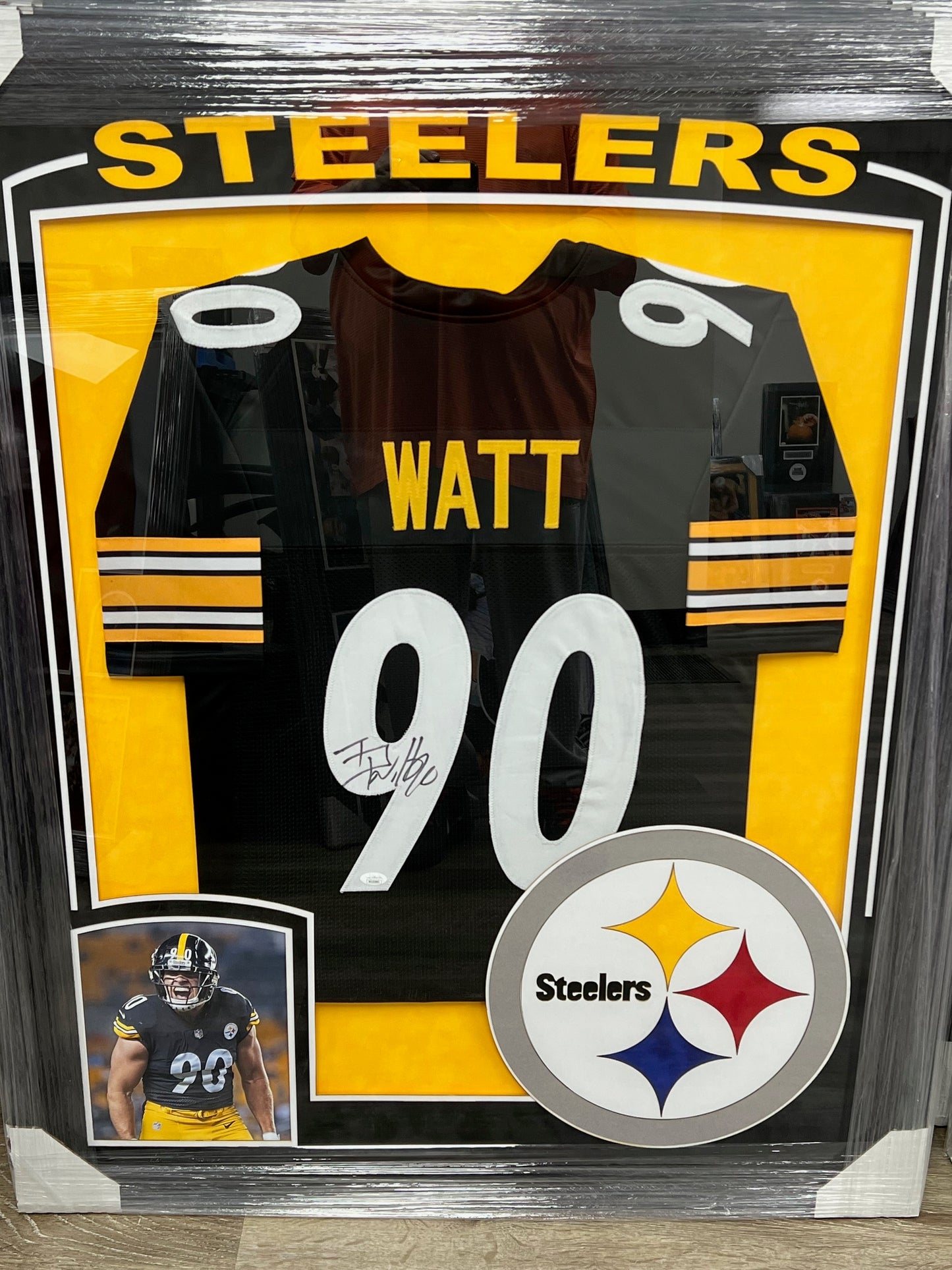 Pittsburgh Steelers T.J. Watt Hand Signed Autographed Black Jersey Framed & Suede Matted with XL 3D Logo & Team Name Cutout JSA COA TJ