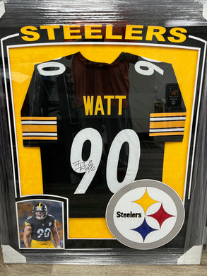 Pittsburgh Steelers T.J. Watt Signed Black Jersey Framed & Suede Matted with XL 3D Logo & Team Name Cutout JSA COA TJ