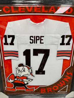 Cleveland Browns Brian Sipe Signed White Jersey Framed & Suede Matted with XL 3D Logo & Team Name Cutout TSE COA