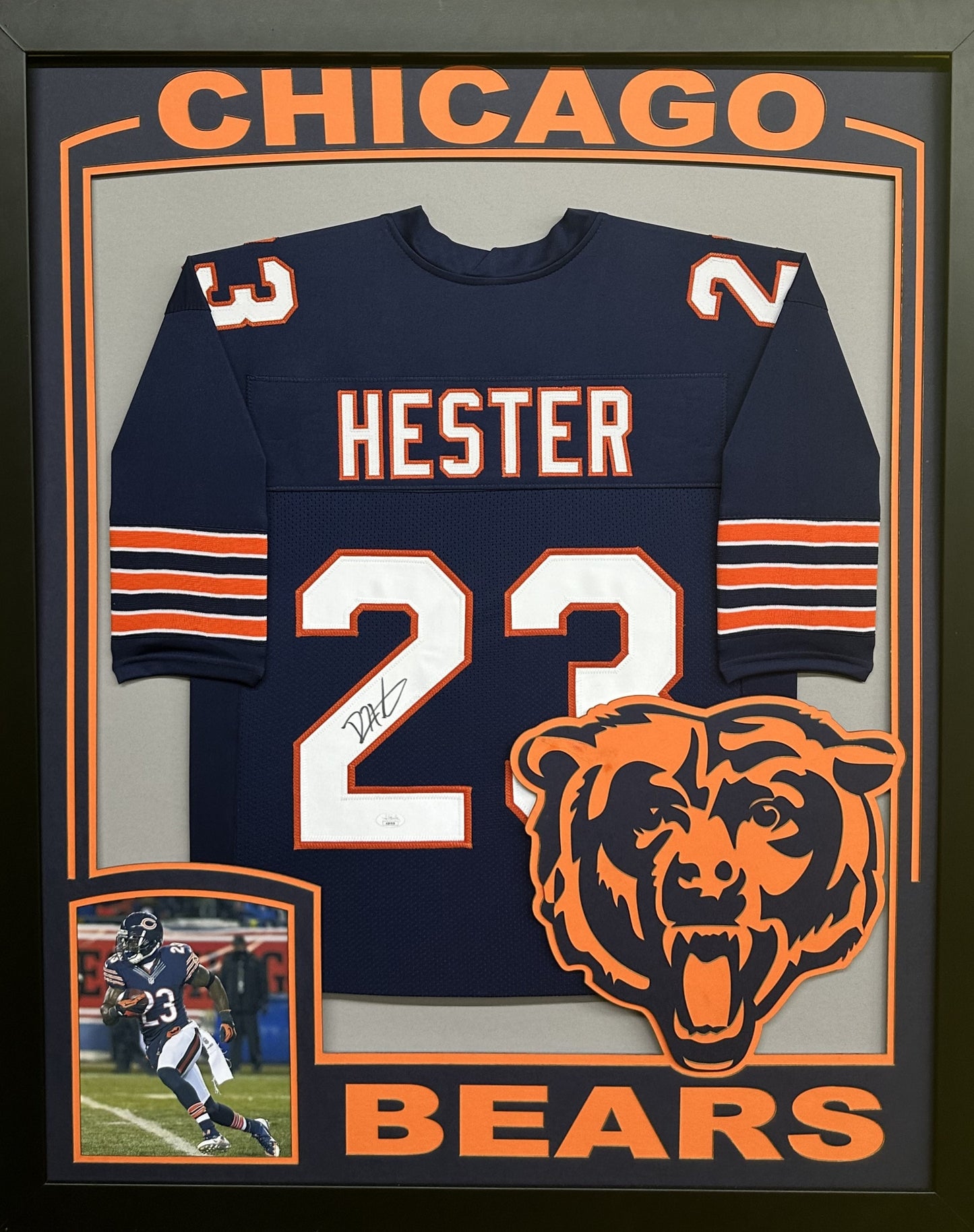 Chicago Bears Devin Hester Hand Signed Autographed Custom Blue Jersey Framed & Matted with XL 3D Logo & Team Name Cut Out with JSA COA