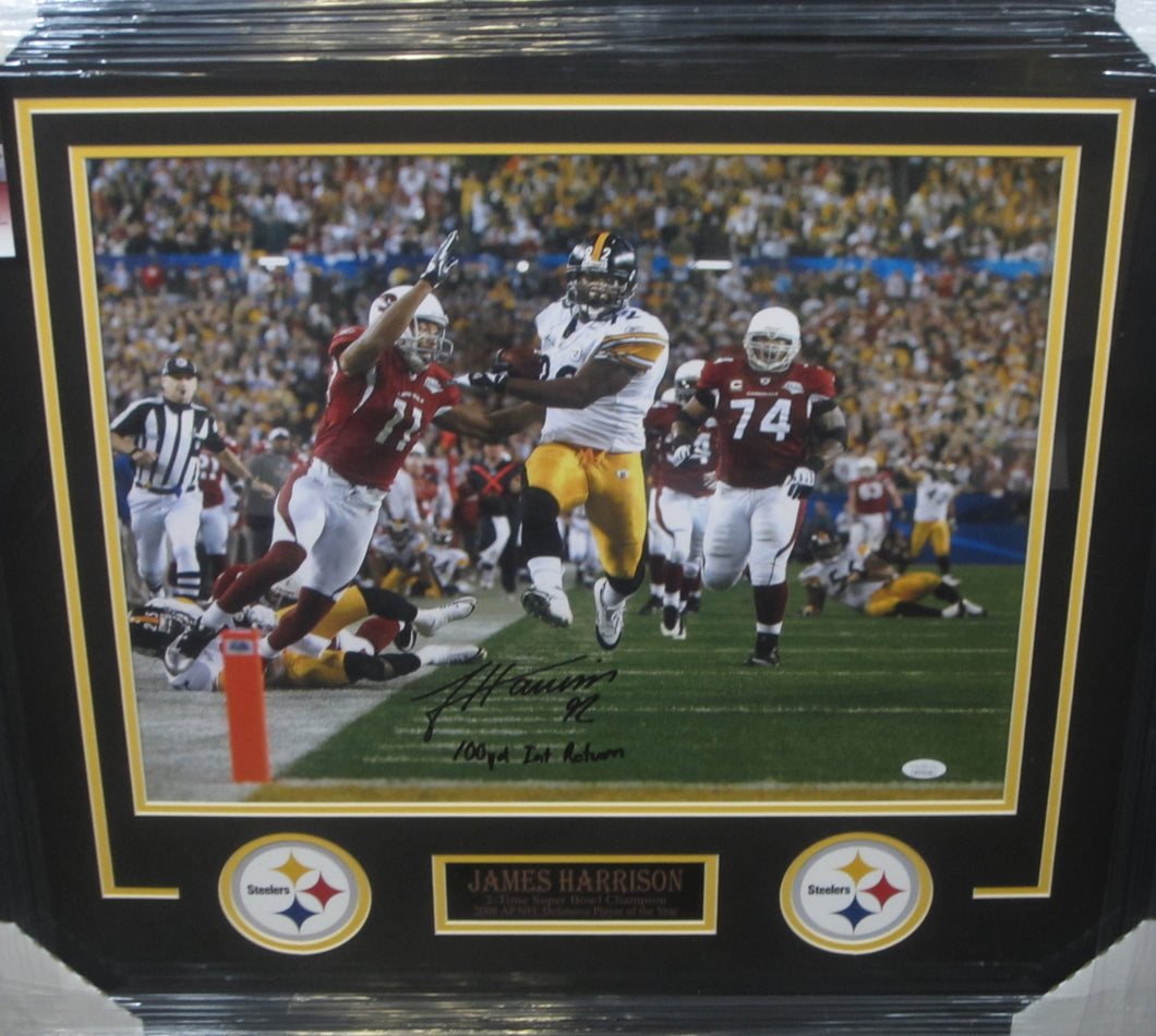 Pittsburgh Steelers James Harrison Signed 16x20 Photo with 100 Yd Int Return Inscription Framed & Matted with JSA COA