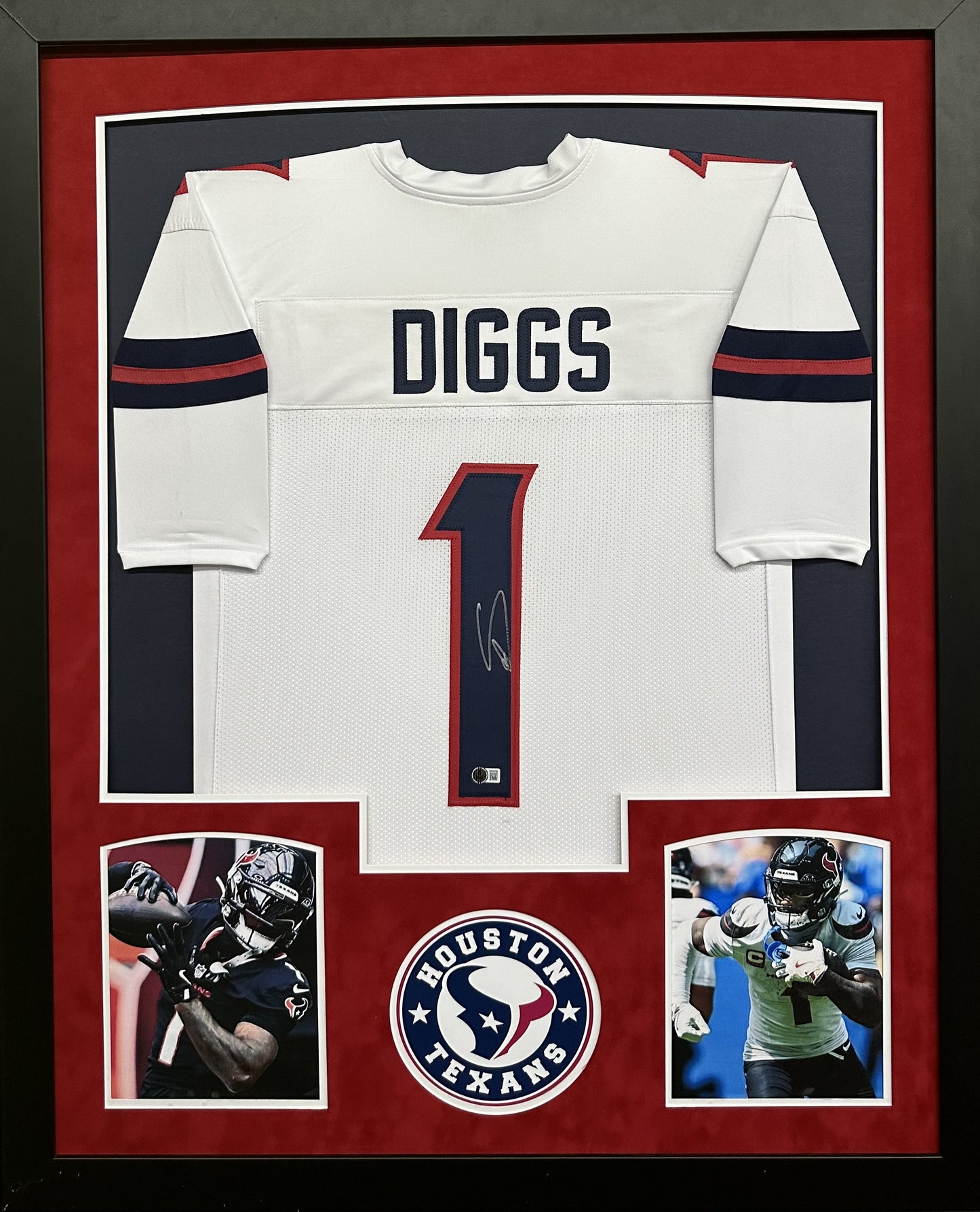 Houston Texans Stefon Diggs Hand Signed Autographed Custom White Jersey Framed & Suede Matted with Beckett COA