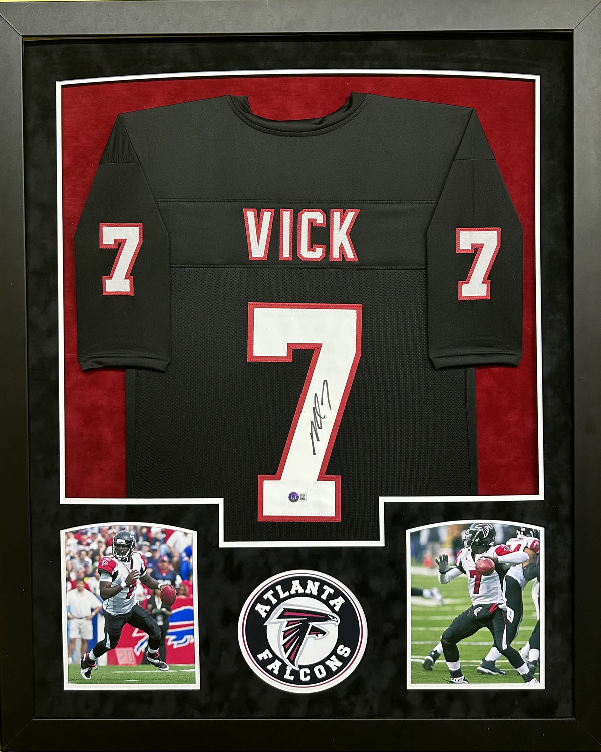 Atlanta Falcons Michael Vick Hand Signed Autographed Custom Black Jersey Framed with Suede Matting Includes Beckett COA