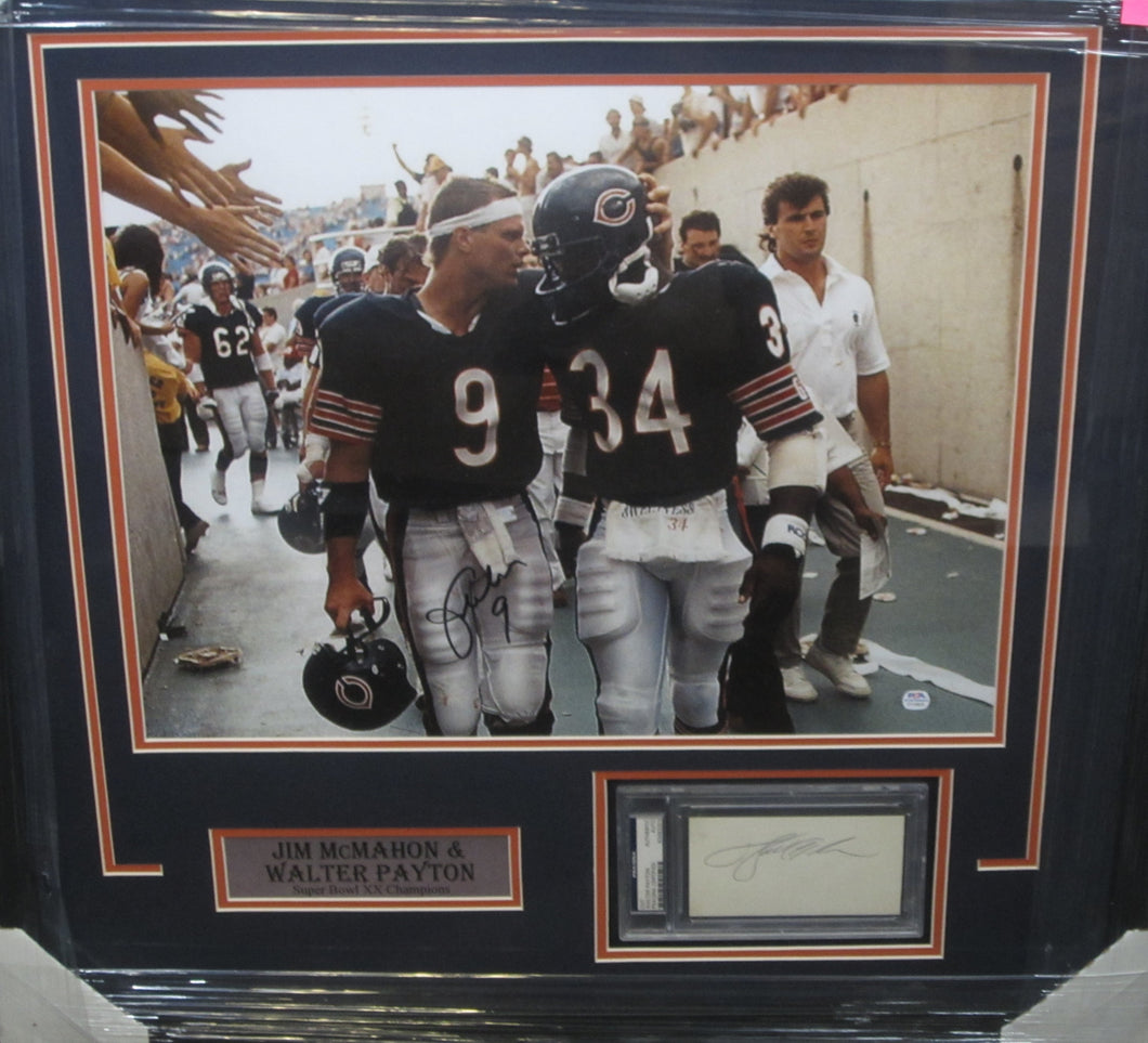 Chicago Bears Jim McMahon Signed 16x20 Photo & Walter Payton Signed Slabbed Cut Framed & Matted with PSA COA