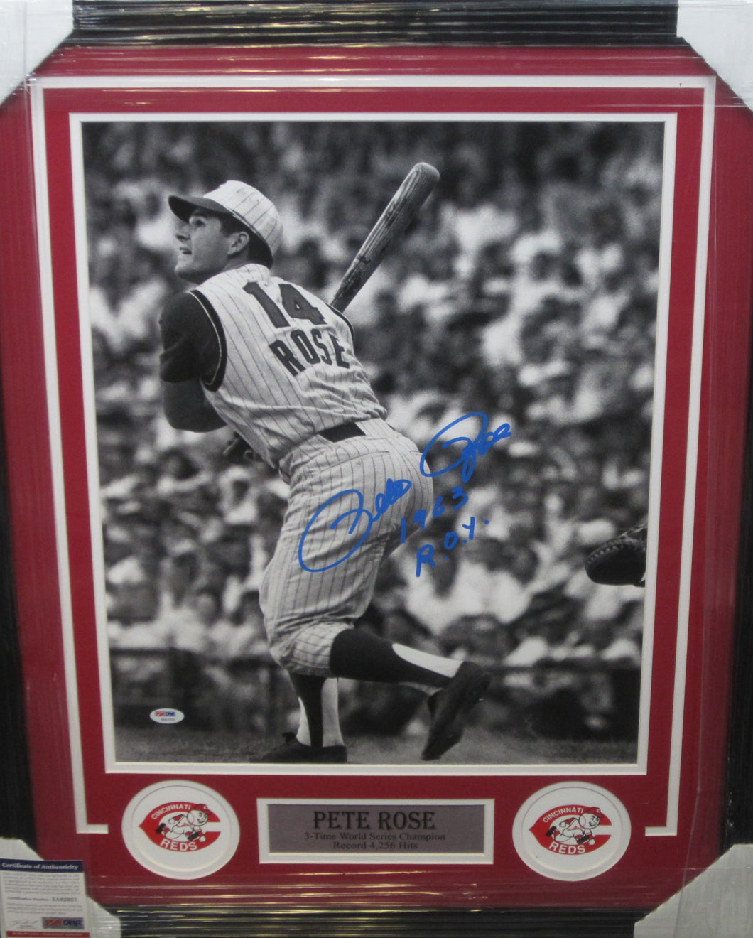 Cincinnati Reds Pete Rose Signed 16x20 Photo with 1963 R.O.Y. Inscription Framed & Matted with PSA COA