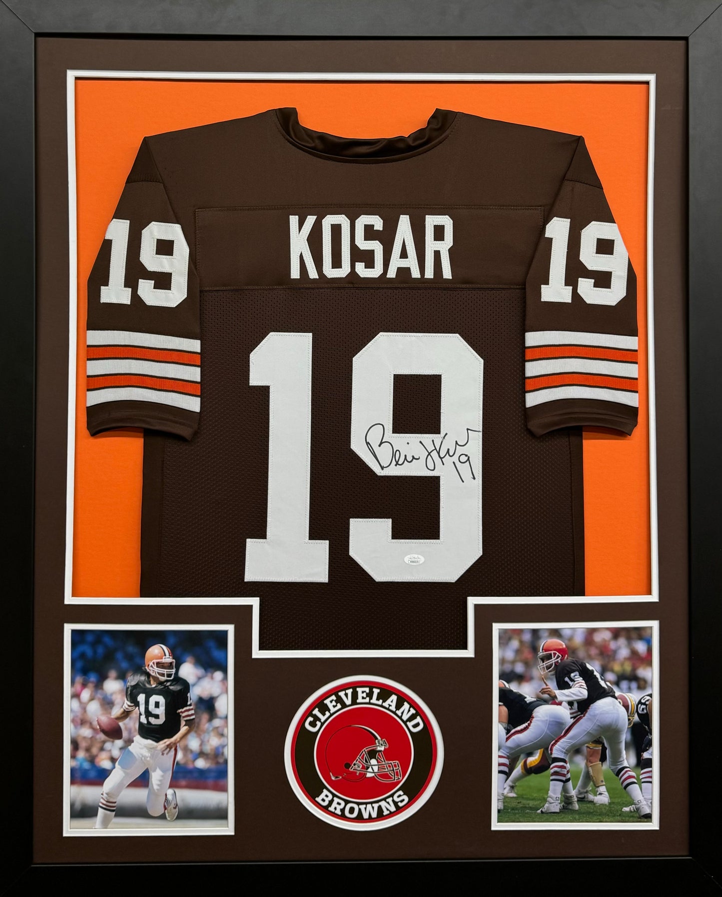 Cleveland Browns Bernie Kosar Hand Signed Autographed Custom Brown Jersey Framed & Double Suede Matted with JSA COA