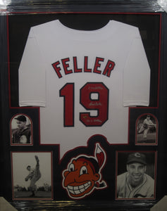 Cleveland Indians Bob Feller Signed Jersey with 3 No Hitters & 12-1 Hitters Inscriptions Framed & Matted with CAS COA
