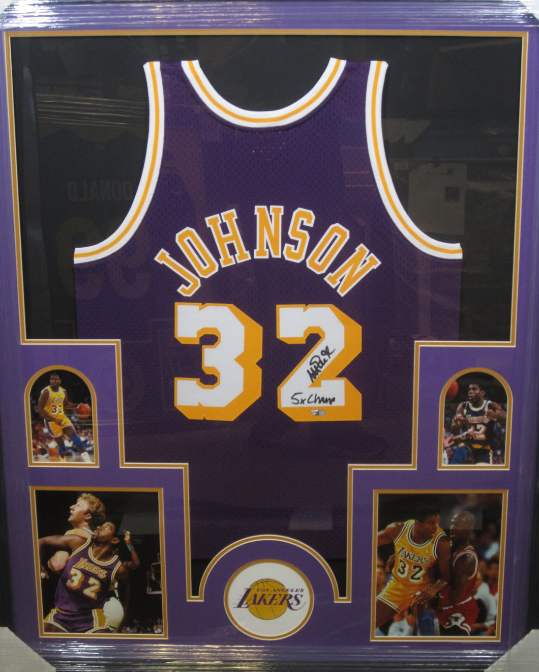 Los Angeles Lakers Magic Johnson Signed Jersey with 5x Champ Inscription Framed & Matted with FANATICS Authentic COA