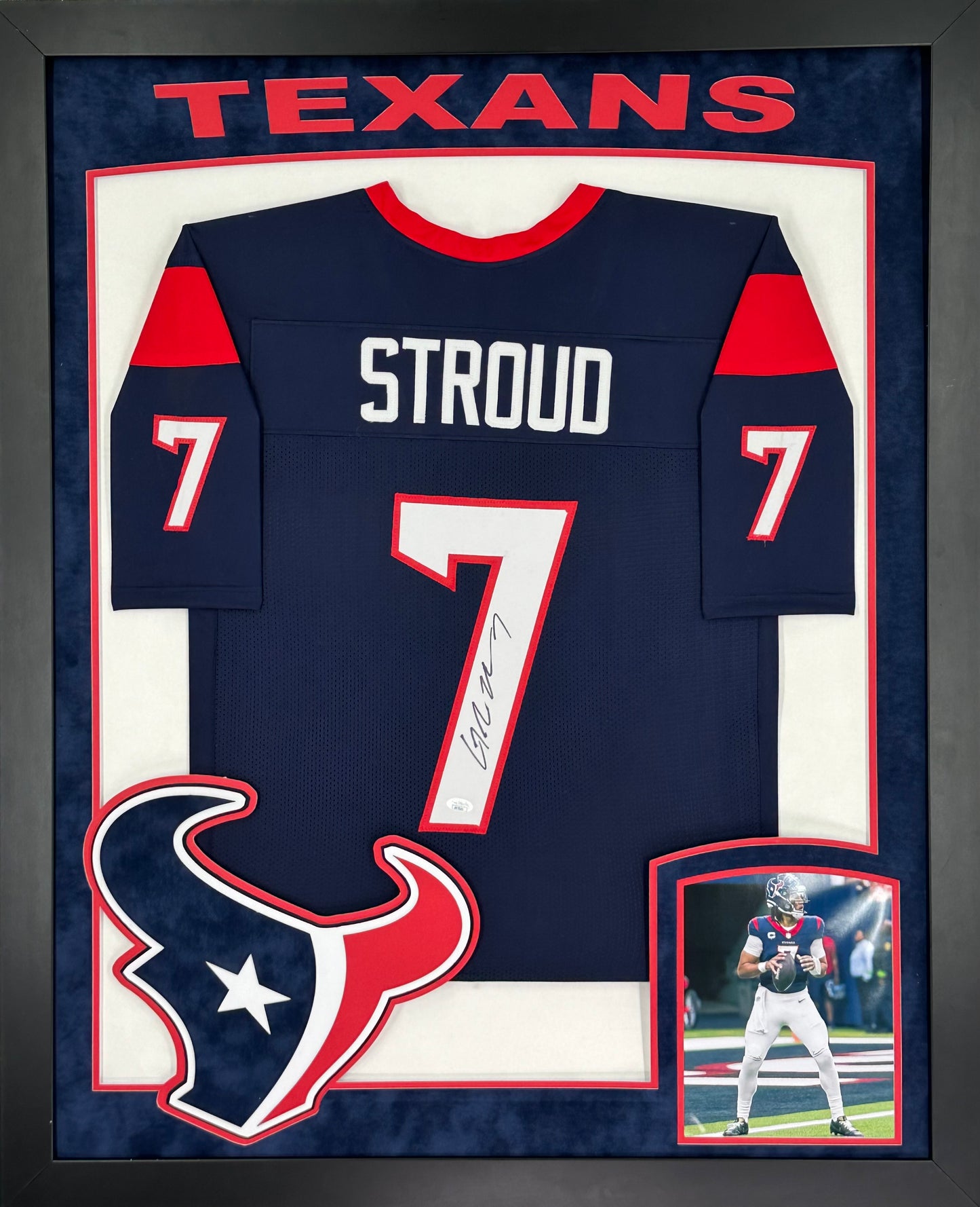 Houston Texans C.J. Stroud Hand Signed Autographed Custom Blue Jersey Framed & Double Suede Matted with XL 3D Logo and Team Name Cutout with JSA COA