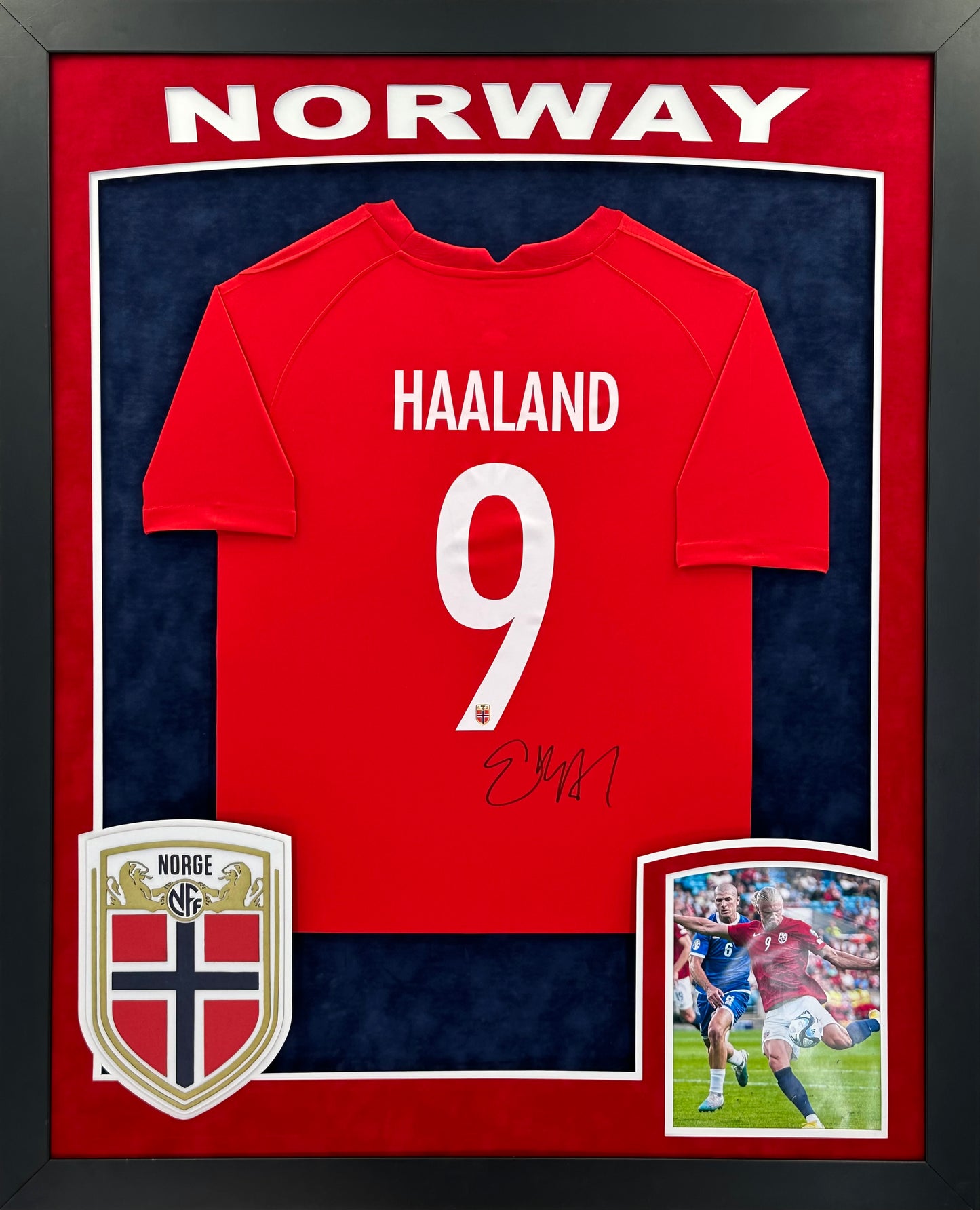 Norway National Football Team Erling Haaland Hand Signed Autographed Custom Red Jersey Framed & Double Suede Matted with 3D Logo and Team Name Cutout COA