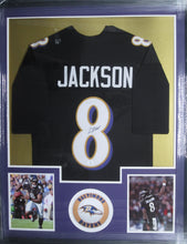 Load image into Gallery viewer, Baltimore Ravens Lamar Jackson Signed Jersey Framed &amp; Matted with COA