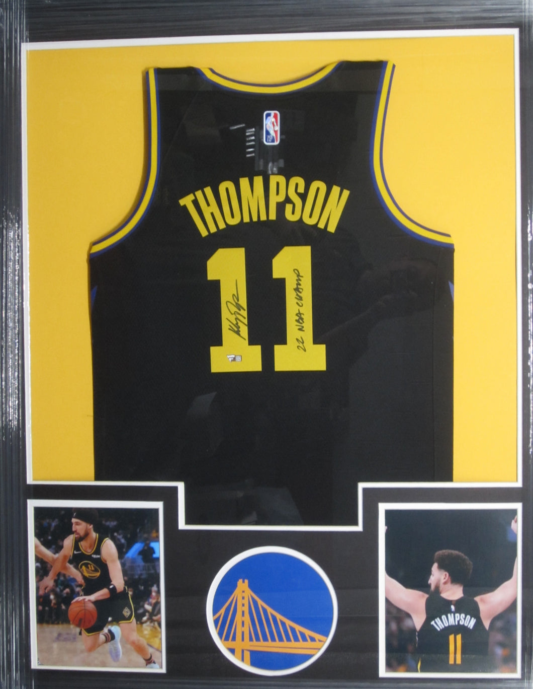 Golden State Warriors Klay Thompson Signed Jersey with 22 NBA CHAMP Inscription Framed & Matted with FANATICS Authentic COA