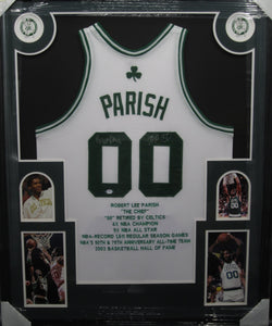 Boston Celtics Robert Parish Signed Career Stat Jersey with TOP 50 Inscription Framed & Matted with PSA COA