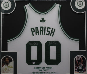 Boston Celtics Robert Parish Signed Career Stat Jersey with TOP 50 Inscription Framed & Matted with PSA COA