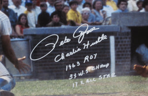 Cincinnati Reds Pete Rose Signed Large Canvas with Charlie Hustle, 1963 ROY, 3X W.S. Champ, & 17X All Star Inscriptions Framed & Matted with PSA COA