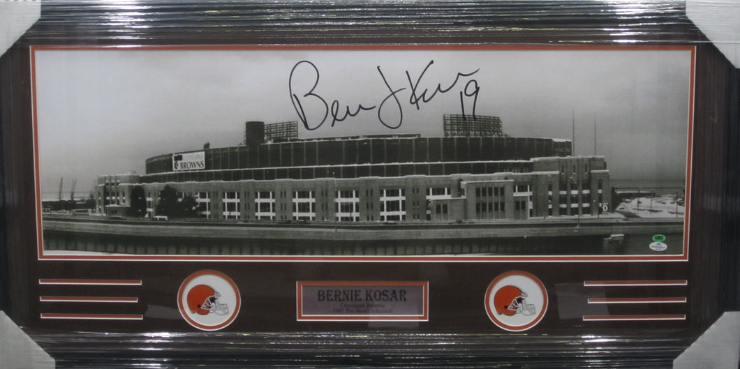 Cleveland Browns Bernie Kosar Signed Panoramic Municipal Stadium Black and White Photo Framed & Matted with CAS COA