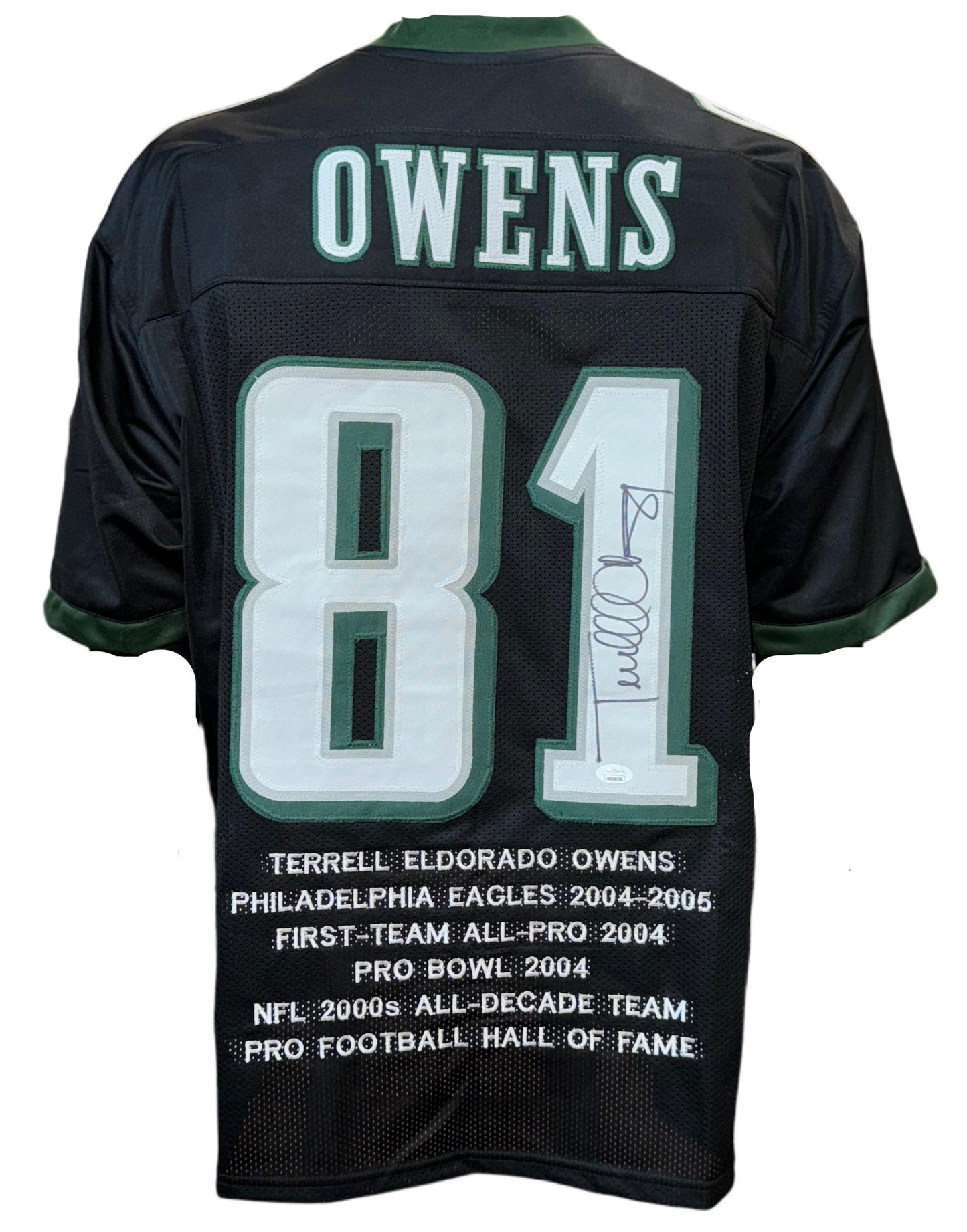 Philadelphia Eagles Terrell Owens Hand Signed Autographed Custom Black Career Achivements Stat Jersey With JSA COA