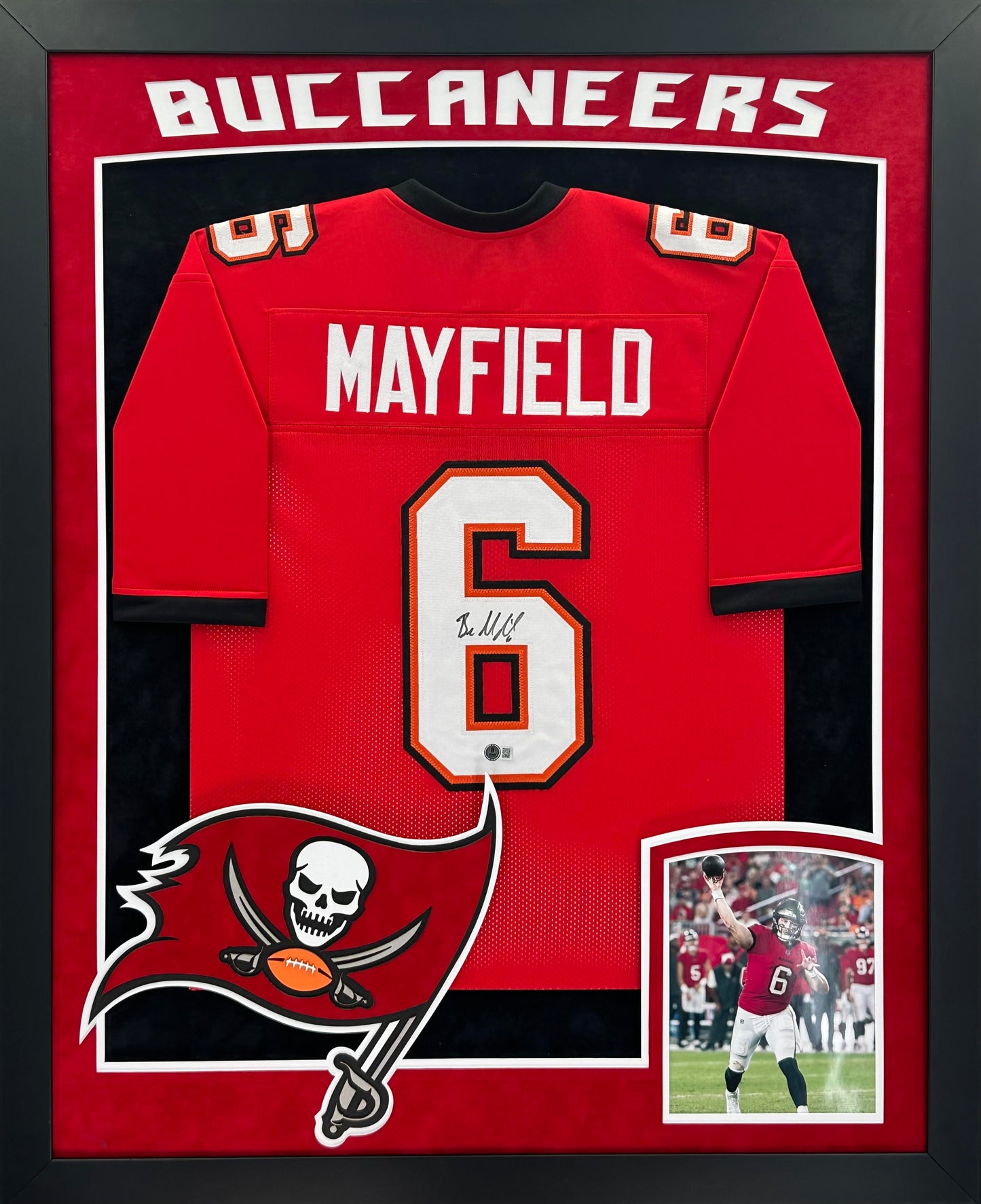 Tampa Bay Buccaneers Baker Mayfield Hand Signed Autographed Custom Red Jersey Framed and Double Suede Matted with XL 3D Logo & Team Name Cutout Beckett COA