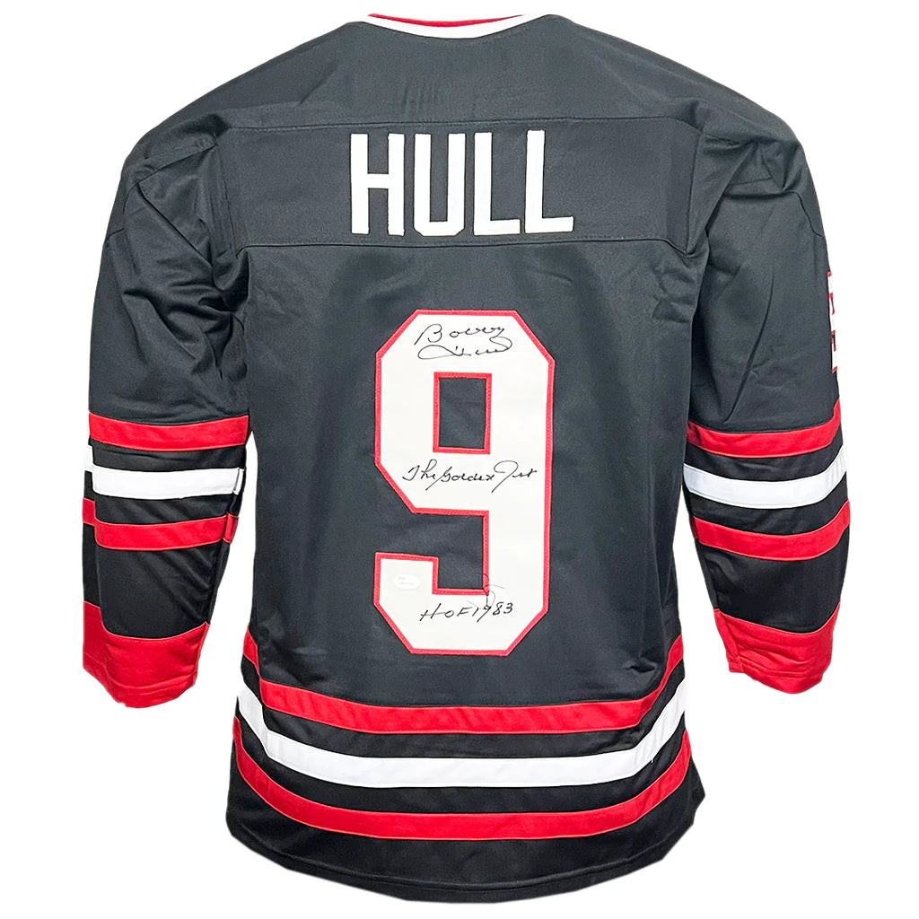 Chicago Blackhawks Bobby Hull “The Golden Jet” HOF 1983 inscription Hand Signed Autographed Jersey JSA COA